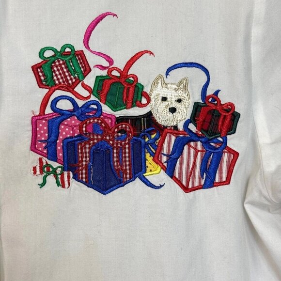 Karen Scott Holiday Scottie Presents Button Front Shirt White Size Petite Medium - Picture 15 of 16